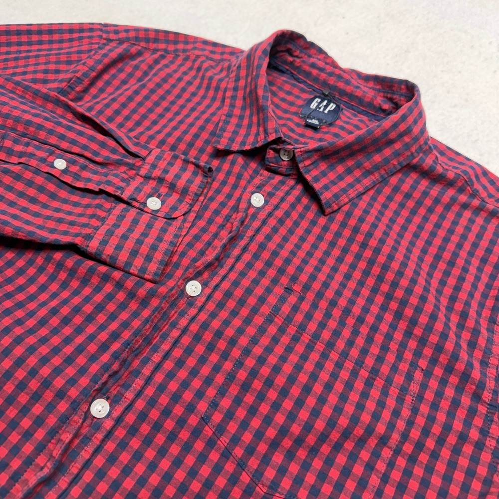 Gap Mens XXL Gingham Check Button Down Shirt Red Navy Blue Long Sleeve Y2K Boxy